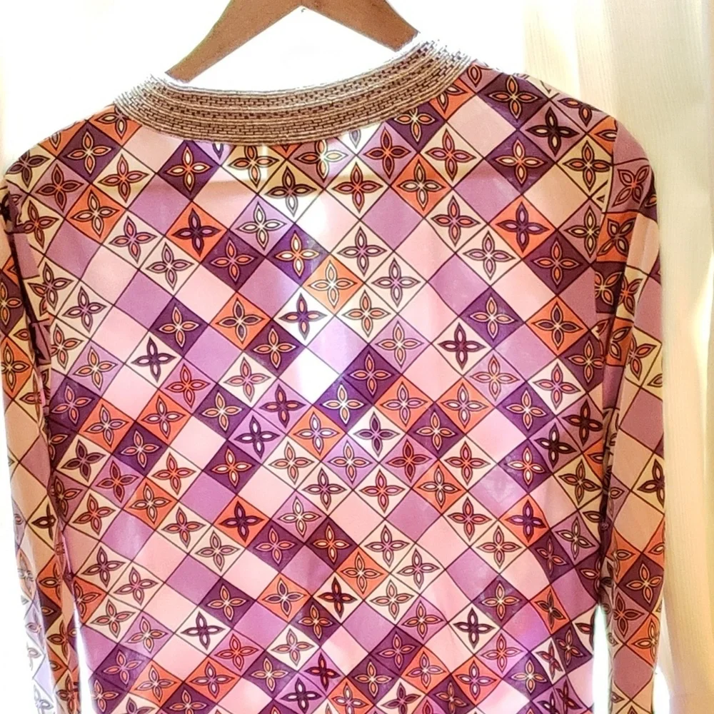 Tory Burch Silk Jersey Knit Tunic Beaded Neckline Preppy Morrocan Resort Cruise